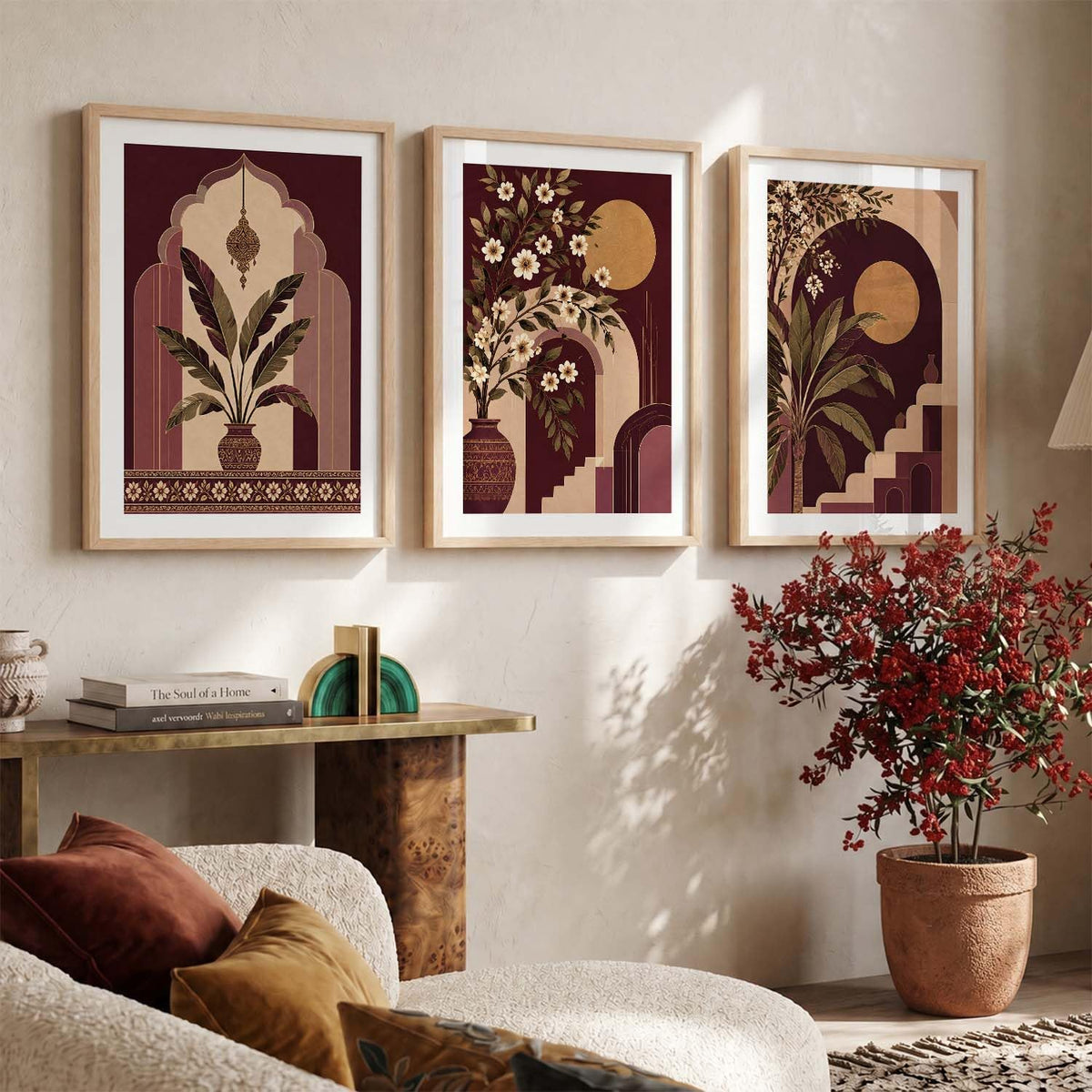 Home Decor Wall Art | Floral Aesthetic BOHO Artwork with Frame for Living Room Bedroom Hotel Decoration | Digital Reprint Set of 3 | 13X17 Inch