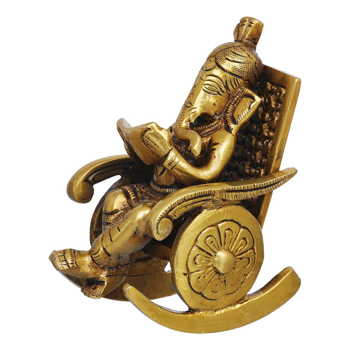 Golden Brass Handcrafted Lord Ganesha Statue Sitting on a Chair and Reading a Book Decorative Showpiece | Divine God Idol for Home, Office Decor, and Gifts
