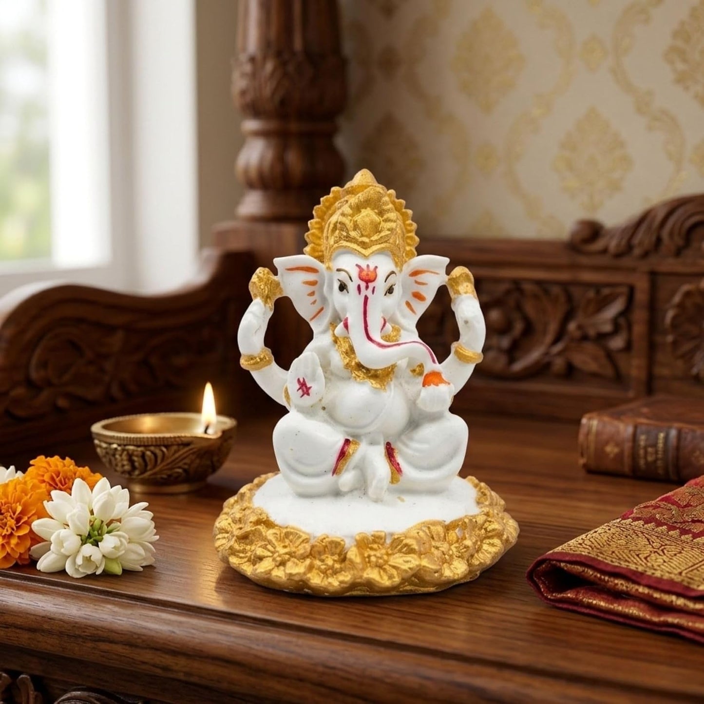Gold Art India Ganesha Idol,Ganesh Statue for Home Decor,Ganesha murti for Office Desk, & Ganpati Idol for Car Dashboard,Unique Wedding & Birthday Gift
