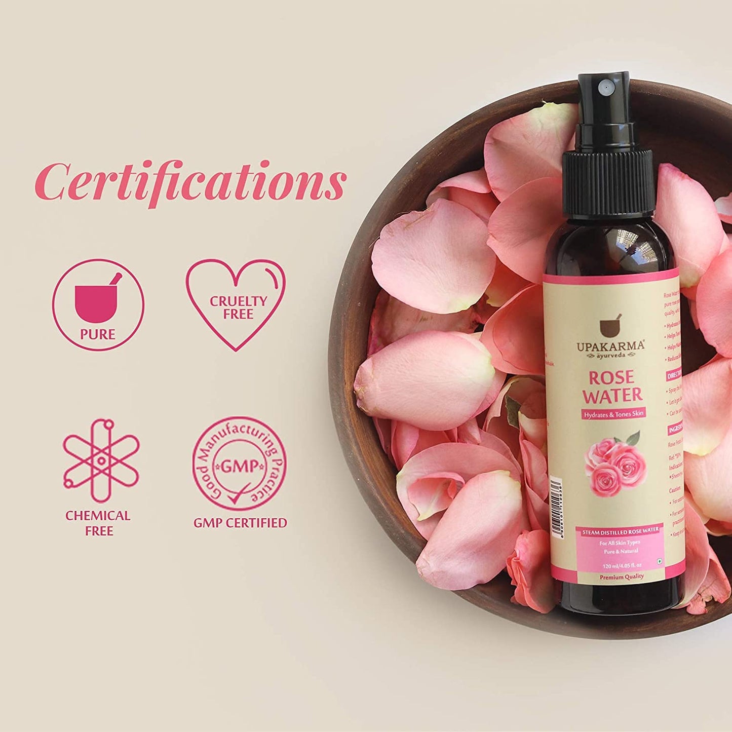 UPAKARMA Rose Water | Pure Steam Distilled Gulab Jal | 120ml
