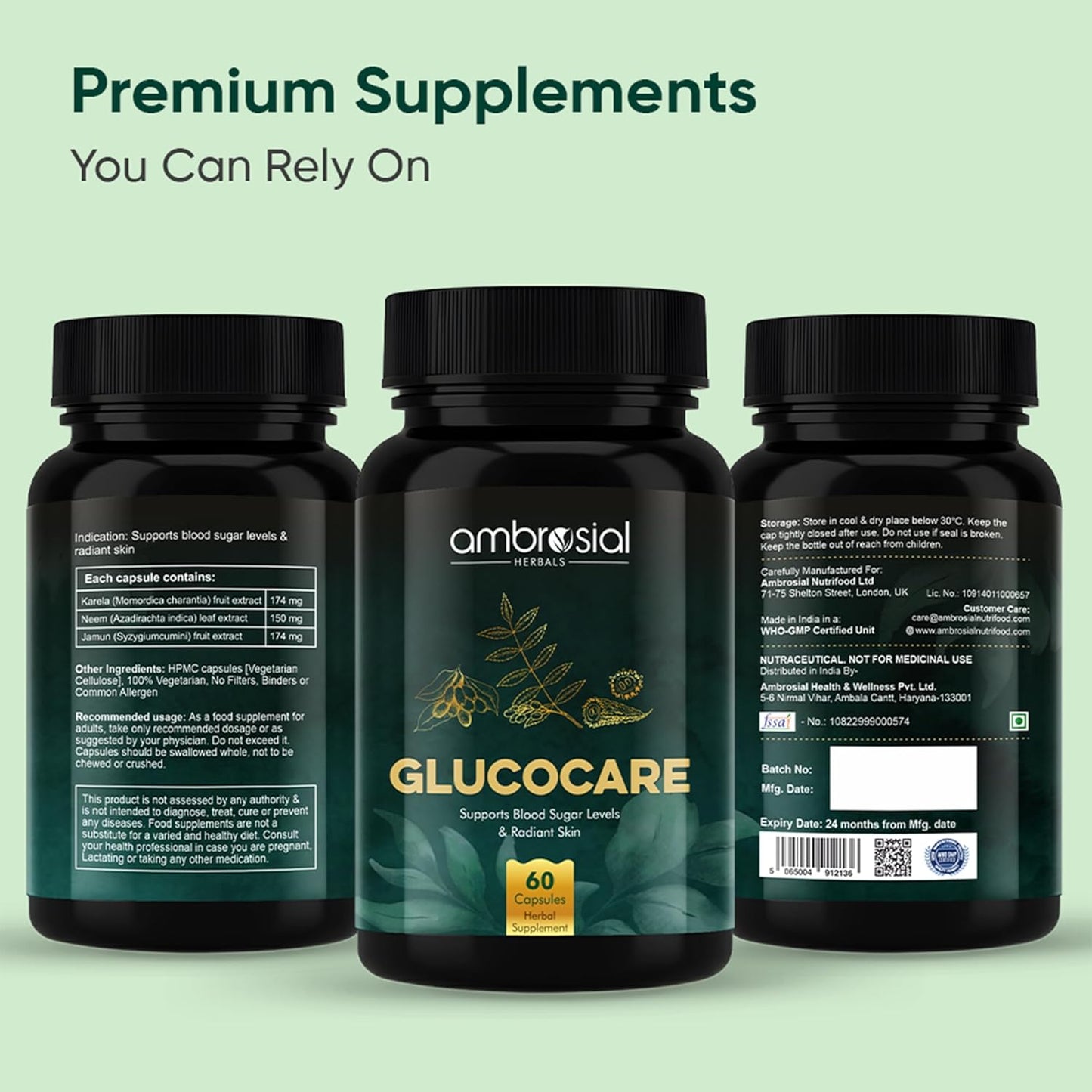 Three bottles of ambrosial Glucocare supplements on a light green background