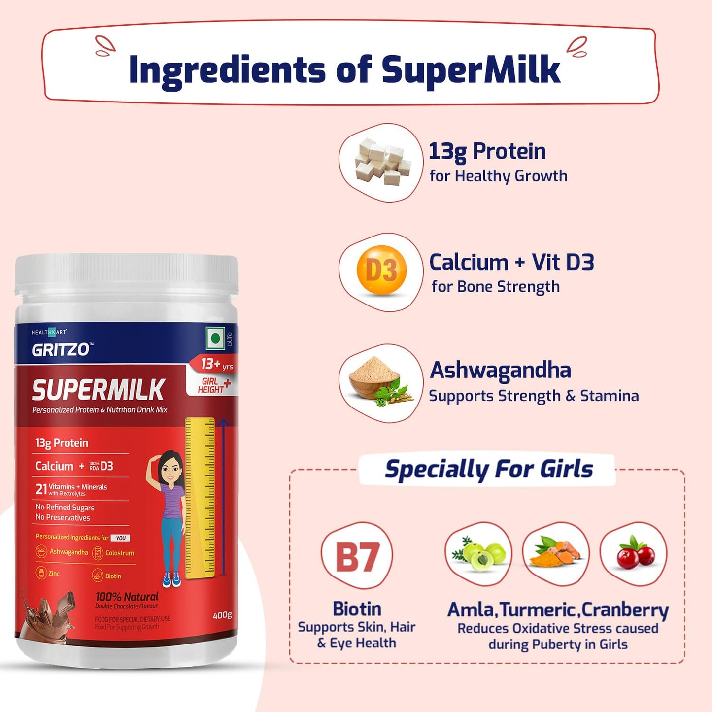 Gritzo SuperMilk Height+ (13+y Girls), 13g Protein Powder (Double Chocolate, 400g) | Zero Refined Sugar, 21 Vitamins & Minerals