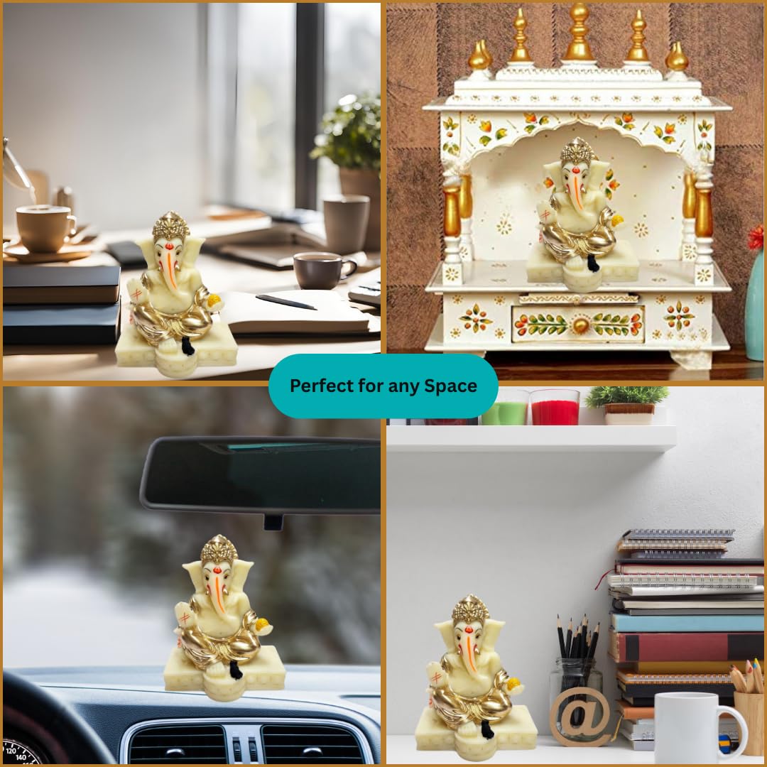 Gold Art India Gaddi Ganesha Idol for Home Decor | Peach Terracotta Finish with Gold Colour Mukut & Ornaments – 3.5 Inch Ganpati Statue for Car Dashboard, Home Decor, Puja, Office Desk