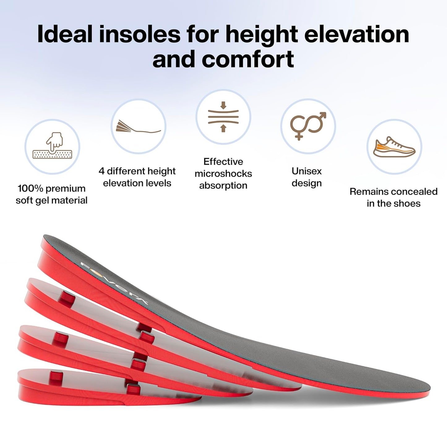 FOVERA Height Increasing Insoles - Gel Height Increase Insole for Shoe for Women - Heel Lift Shoe Pads with 4 Level of Height - Trim to Fit, Breathable Fabric (Large: 9-12 UK, Pack of 1)