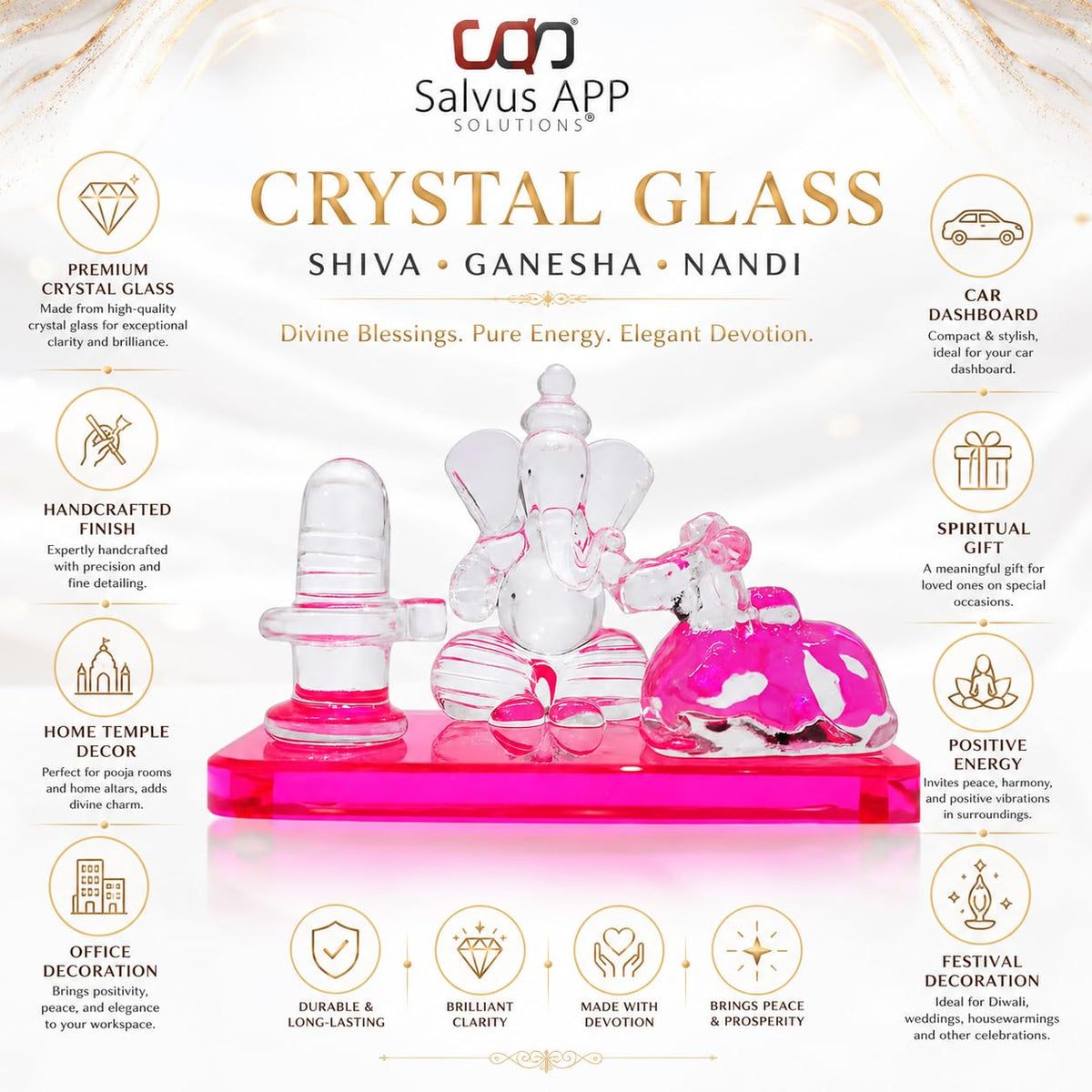 Crystal Glass Shiva Ganesha Nandi Statue | Decorative Religious Showpiece for Home, Temple & Office | Pink, 4 x 2.5 Inch