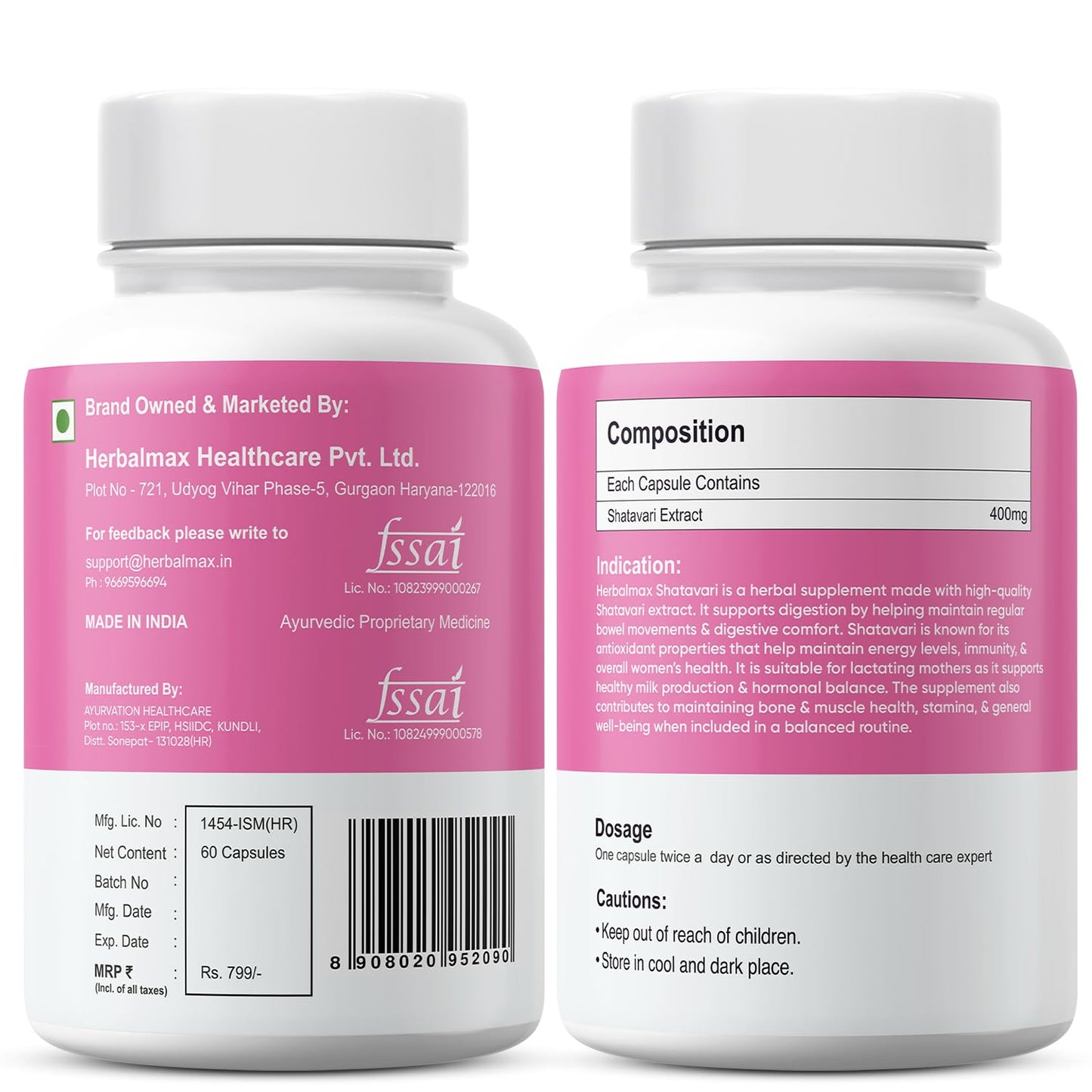 Herbalmax Organic Shatavari 400mg | Hormonal Balance & Women’s Health Supplement | Supports Lactation, Immunity, Bone & Muscle Strength, Rich in Antioxidants – 60 Veg Capsules