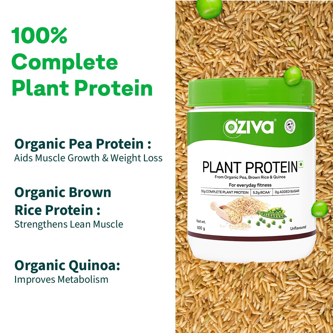 OZiva Plant Protein for Everyday Fitness | 30g Protein - Pea Isolate | Complete Plant Protein Powder | No Added Sugar, Certified Clean & Vegan (Unflavoured, 500g)