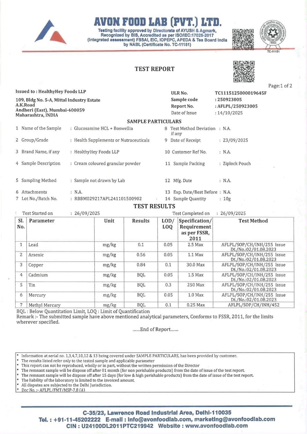Avon Food Lab test report for a food product
