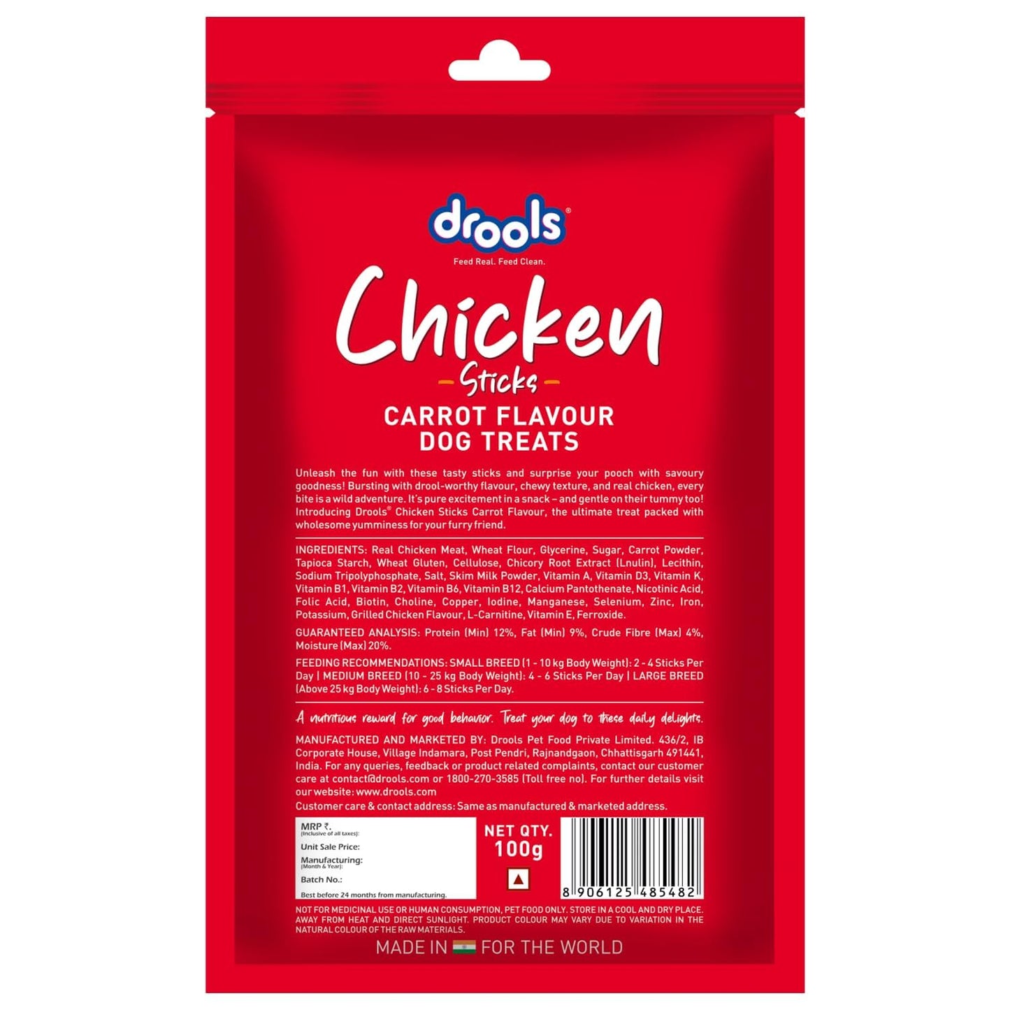 Drools Puppy & Adult Dog Treats Sticks 100g | Chicken Carrot Flavour | Rich in Protein | No Artificial Preservatives | Best for Training & Bonding | Formulated in USA | Premium Treats