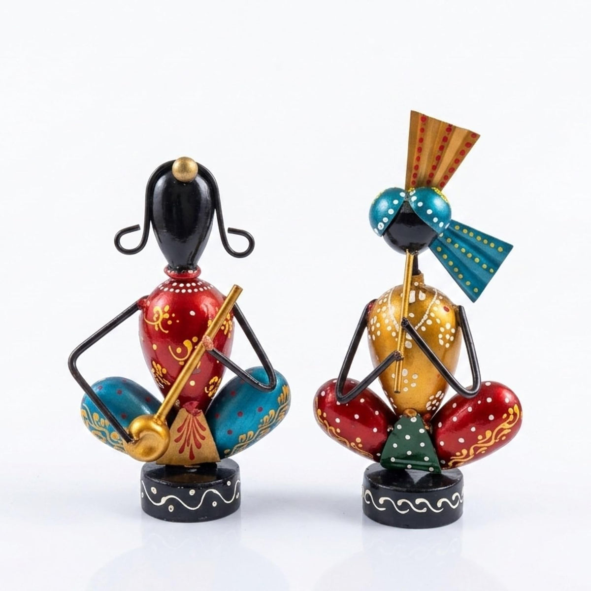 Hand-Painted, Handcrafted Metal Musician Figurines Set of 2, Multicolour, 14.5 cm and 16 cm Height, | Traditional Indian Folk Art Showpiece | Decorative Tabletop & Home Décor Idol