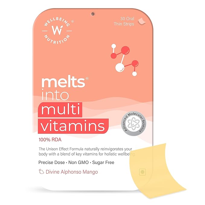 Wellbeing Nutrition Melts Plant Based Multivitamin for Men & Women with 100% RDA of Vitamin A, Vitamin B-Complex, Vitamin C, D3 + K2, Ashwagandha & Ginseng For Immunity & Energy (30 Oral Strips)