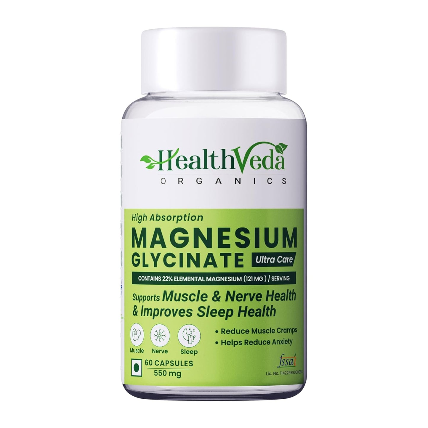 Zephivo HEALTH VEDA ORGANICS PRIVATE LIMITED High Absorption Magnesium Glycinate, 550mg | 60 Veg Capsules | Supports Nerve & Muscle Health | Improves Sleep Quality | For Both Men & Women