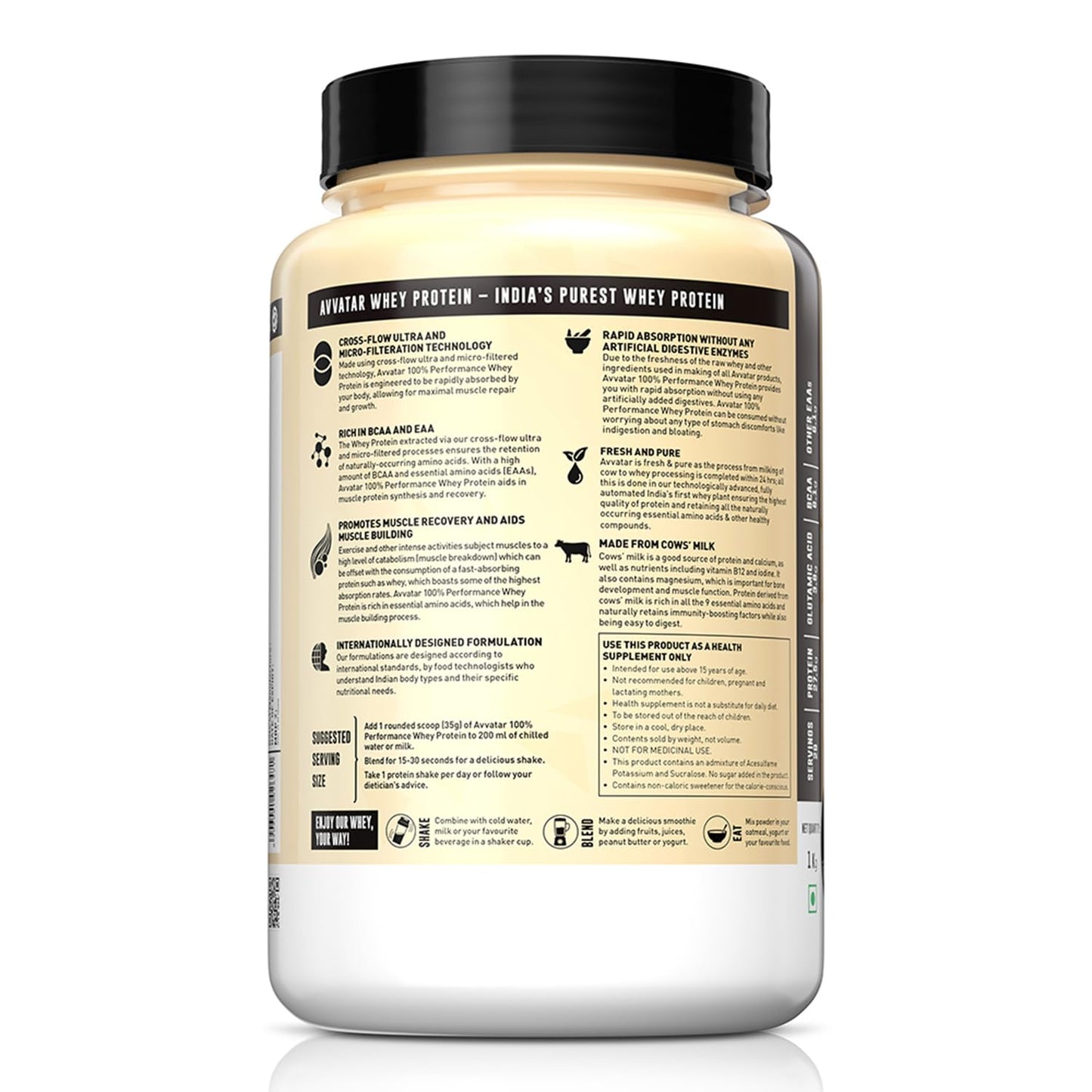Whey protein container with label on a white background