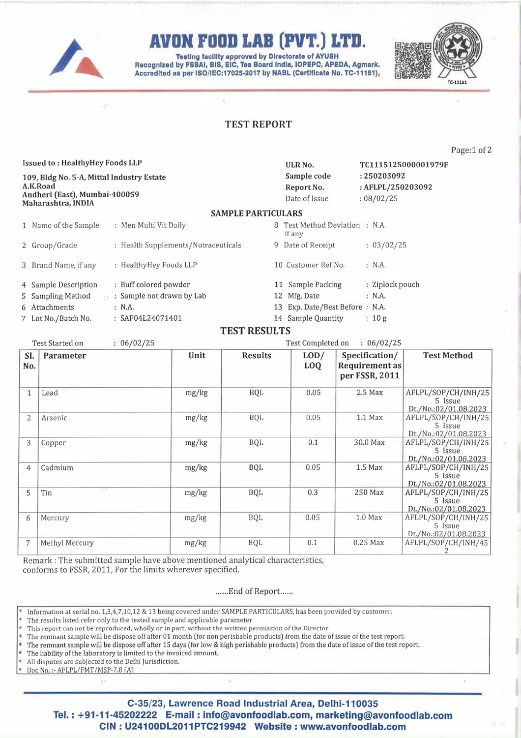 Avon Food Lab test report with product details and analysis