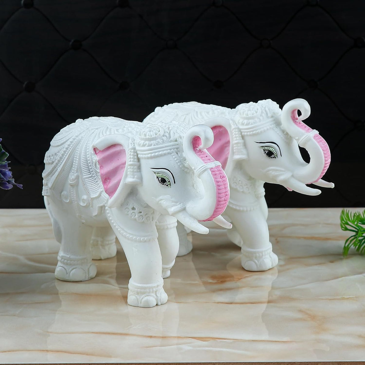Pack of 2 White Elephant Showpieces Home Decor for Living Room, Table, Shelf, Elephant Marble Resin Statue for Vastu, Feng Shui, Office Decor, Gifting 3 inch