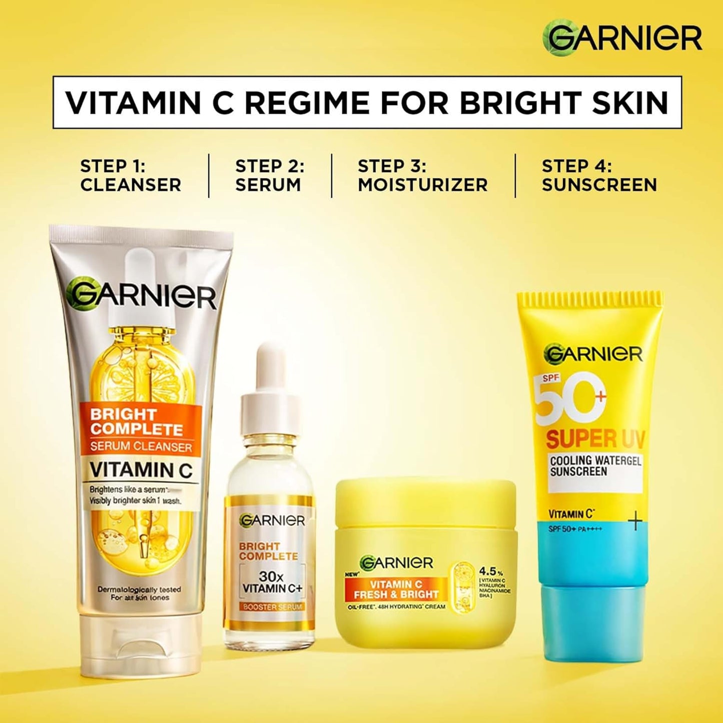 Garnier Vitamin C skincare products on a yellow background with Garnier logo.