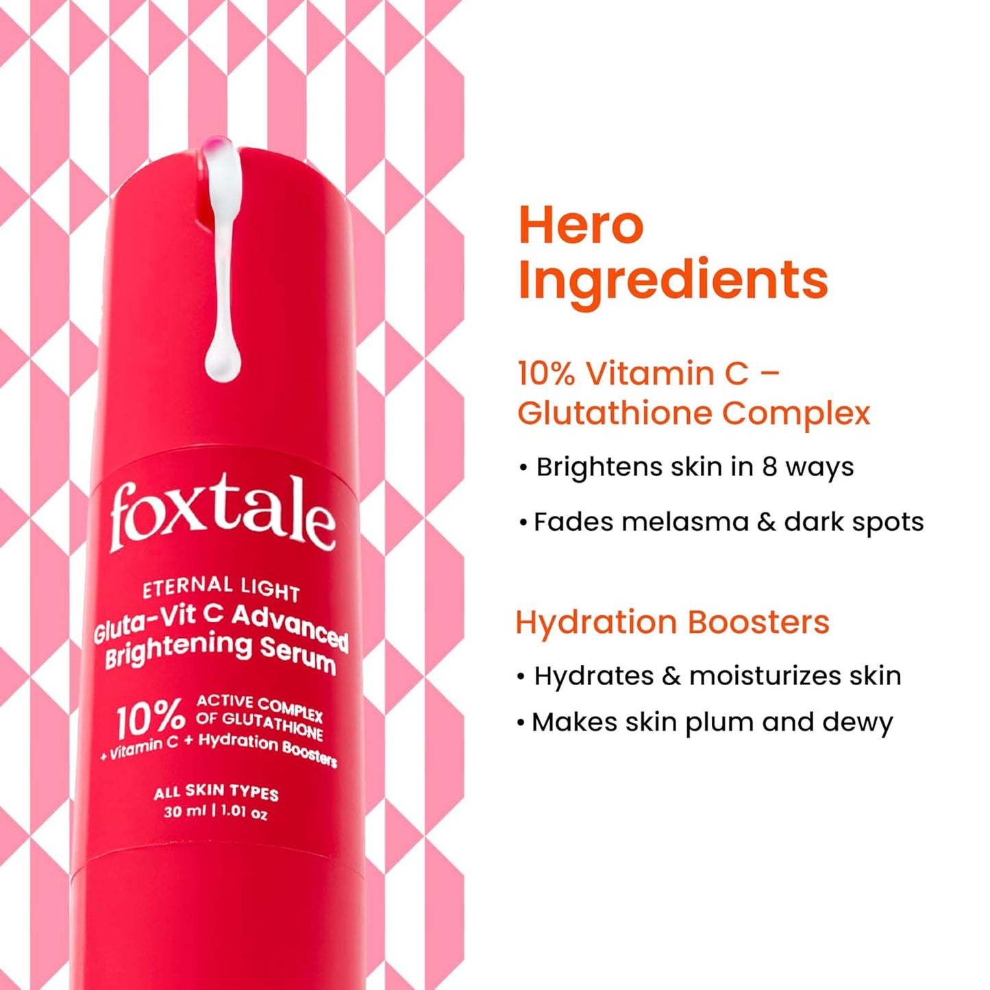 Foxtale 10% Vitamin C + Glutathione Complex Serum, Brightens skin in 3 days, Fades melasma & dark spots, Evens Skin tone, Gentle & Non-irritating, For All Skin types, Men & Women