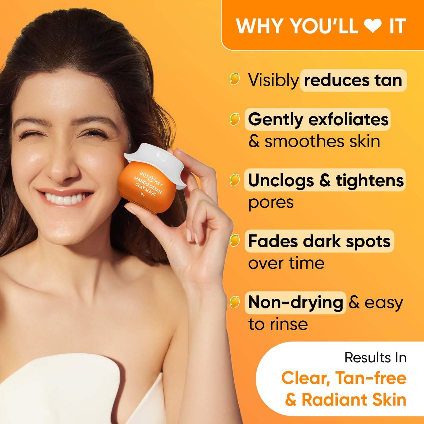 Zephivo Dot & Key Mango Detan Tan Removal Clay Mask | Clay Mask for Face with Glycolic & Lactic | Great for All Skin Types | Fresh Juicy Mango Fragrance | 70gm