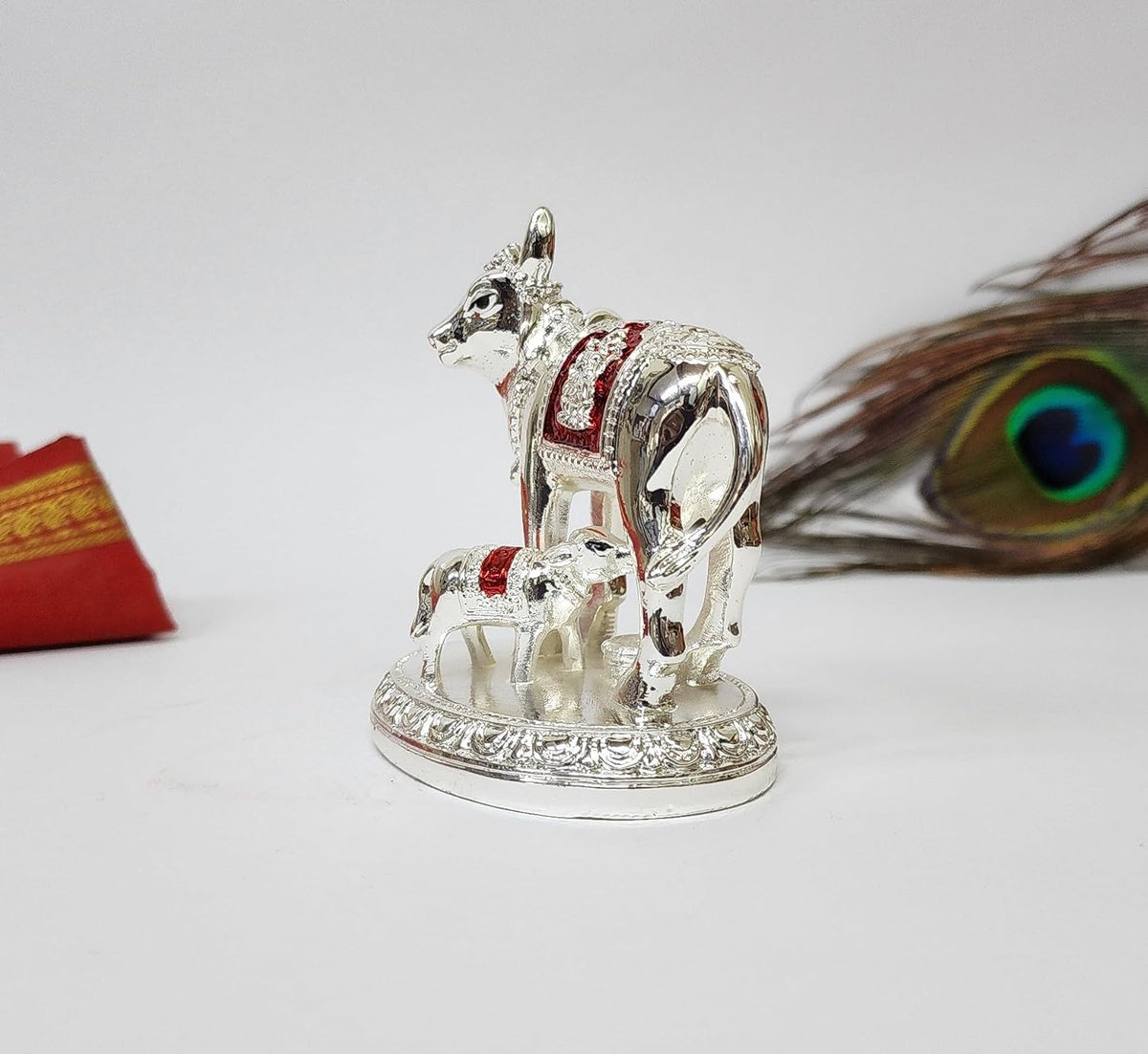 Gold Art India Kamdhenu Cow and Calf Idol with Red Accents | Shiny Silver Finish | 7.62 cm Decorative Gau MATA Murti for Home Temple, Gift & Office
