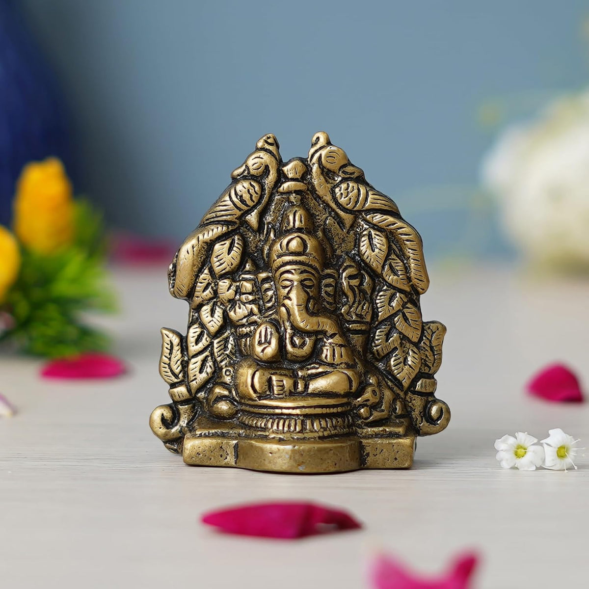 Metal Handcrafted Golden Lord Ganesha Idol On Peacock Design Throne - Decorative Religious God Statue for Home, Temple, Pooja Room, Office - Perfect Diwali, Ganesh Chaturthi, Birthday Gift