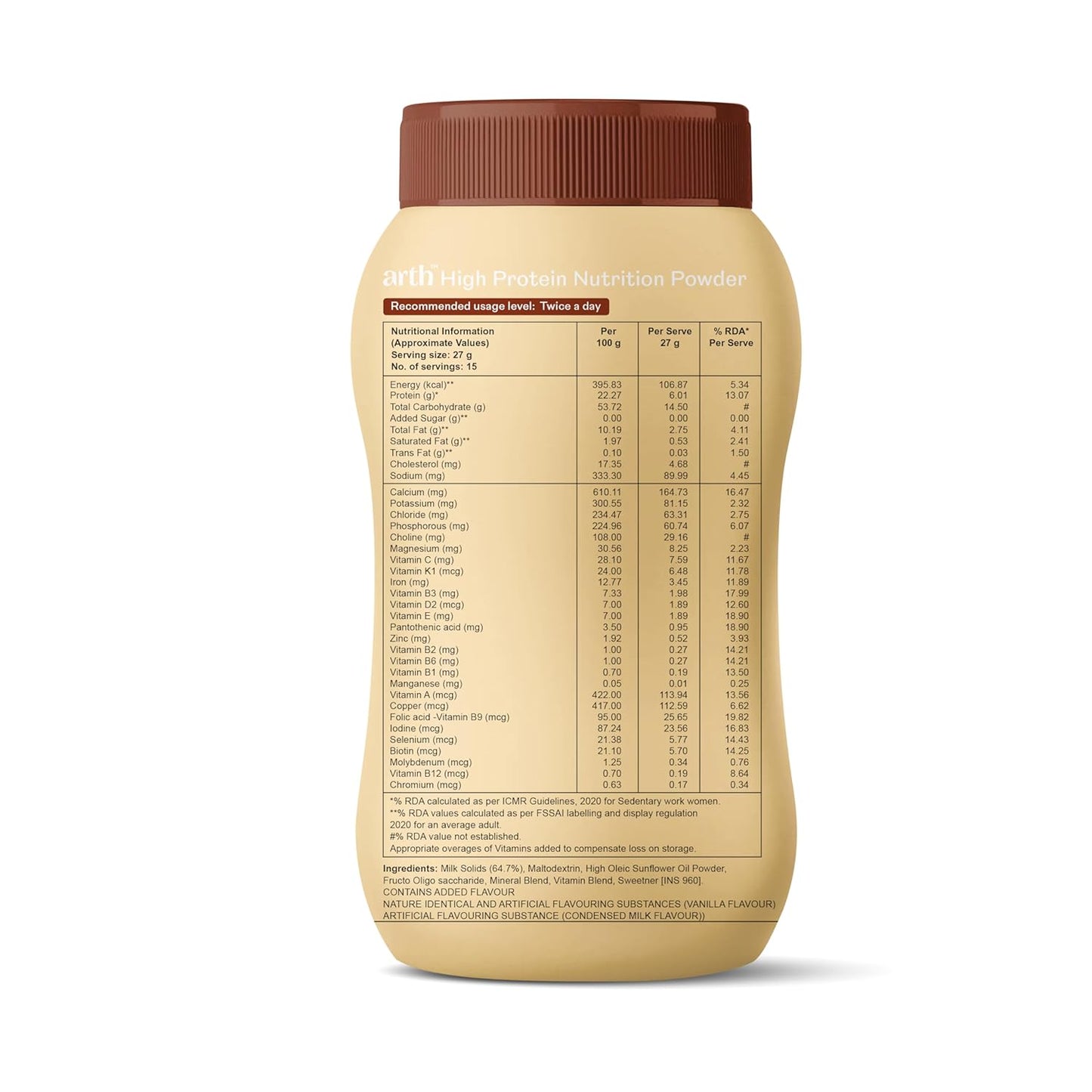 Arth High Protein Nutrition Powder | 12g Protein per Serving | 25+ Essential Nutrients with Prebiotic | No Added Sugar | Supports Energy, Strength & Immunity | 400gm (Vanilla Flavour)