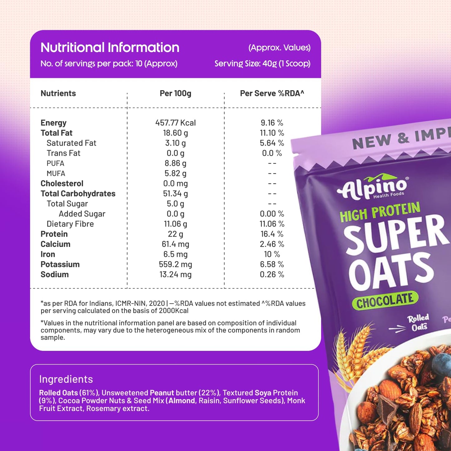 ALPINO 22% High Protein Super Oats Chocolate 400g – Rolled Oats, Natural Peanut Butter, Cocoa Powder, Nuts & Seeds – 22g Protein, Source of Dietary Fibre & Healthy Fats, No Added Sugar & Salt