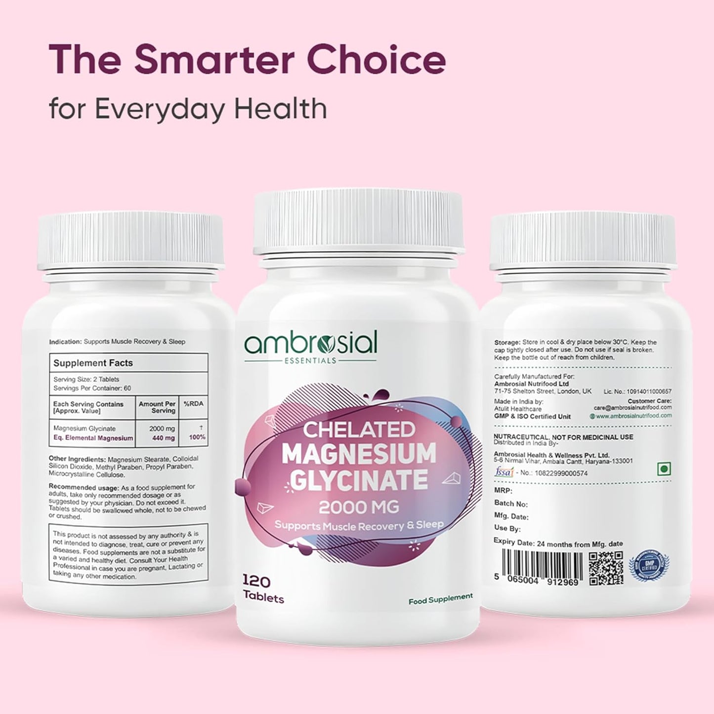 Three bottles of ambrosial Chelated Magnesium Glycinate 2000 MG on a pink background with text 'The Smarter Choice for Everyday Health'.