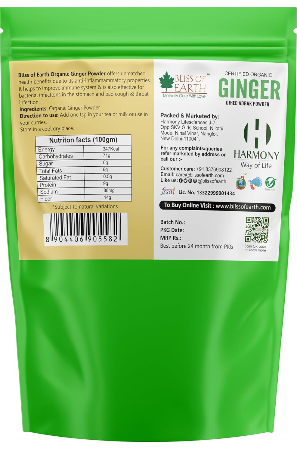 Bliss of Earth Certified Organic Ginger Powder Dry For Tea & Juice, Pure Antioxidant Super food, 250GM