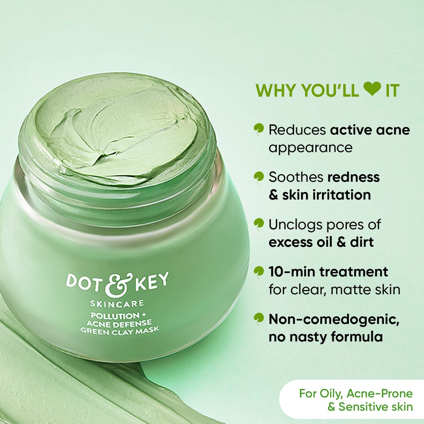Zephivo Dot & Key Skin Care Pollution + Acne Defense Green Clay Mask | Clay Mask for Face with Salicylic & Matcha Tea | Reduces Active Acne, Soothes Redness | For Dark Spots, Oily, Acne Prone Skin | 85g