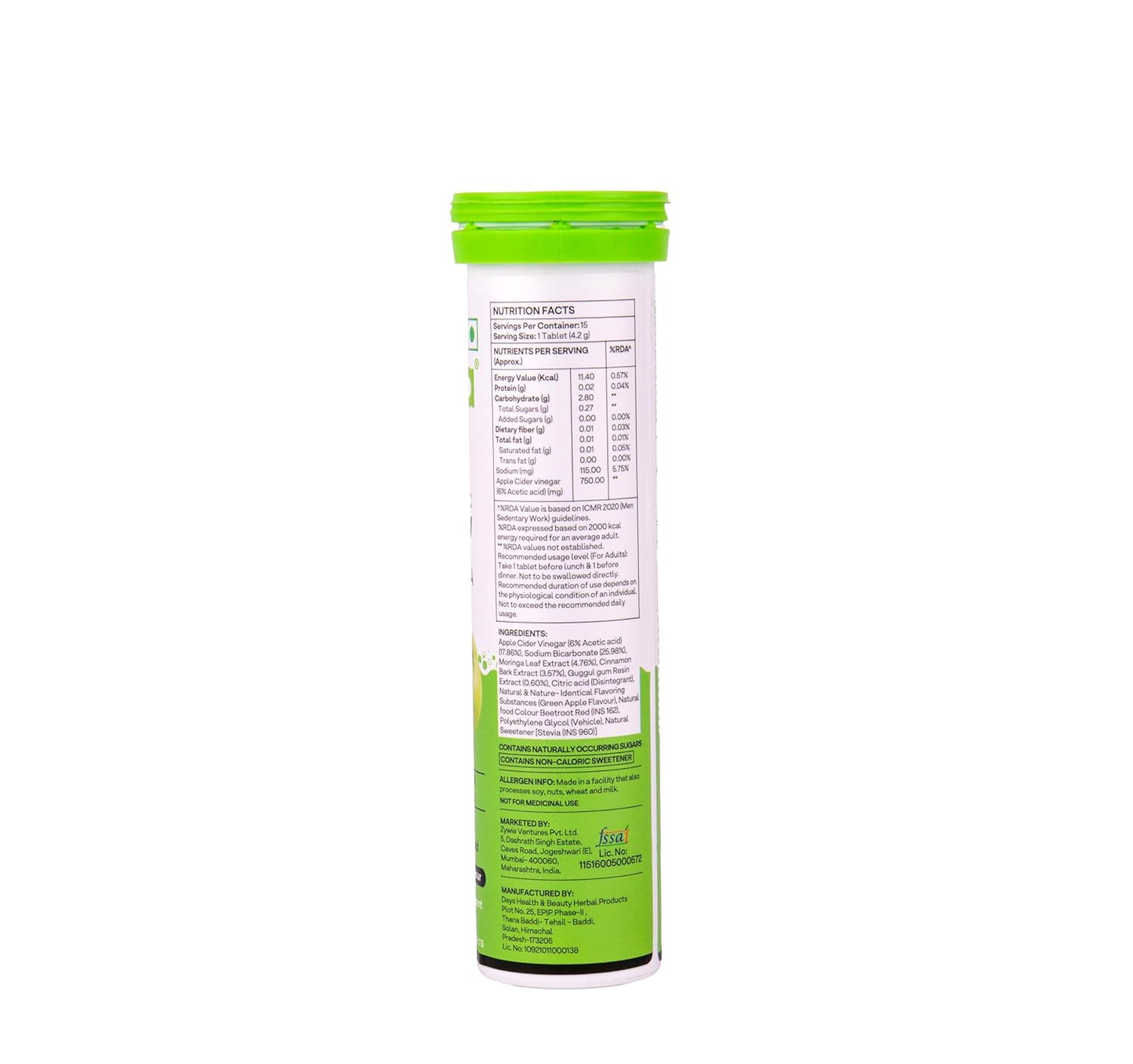 OZiva ACV Moringa | Control Cravings I Apple Cider Vinegar, Cinnamon I No Maltodextrin & No Added Sugar I 15 Effervescent Lemon Masala & Green Apple, Pack of 2 (30 Tablets)