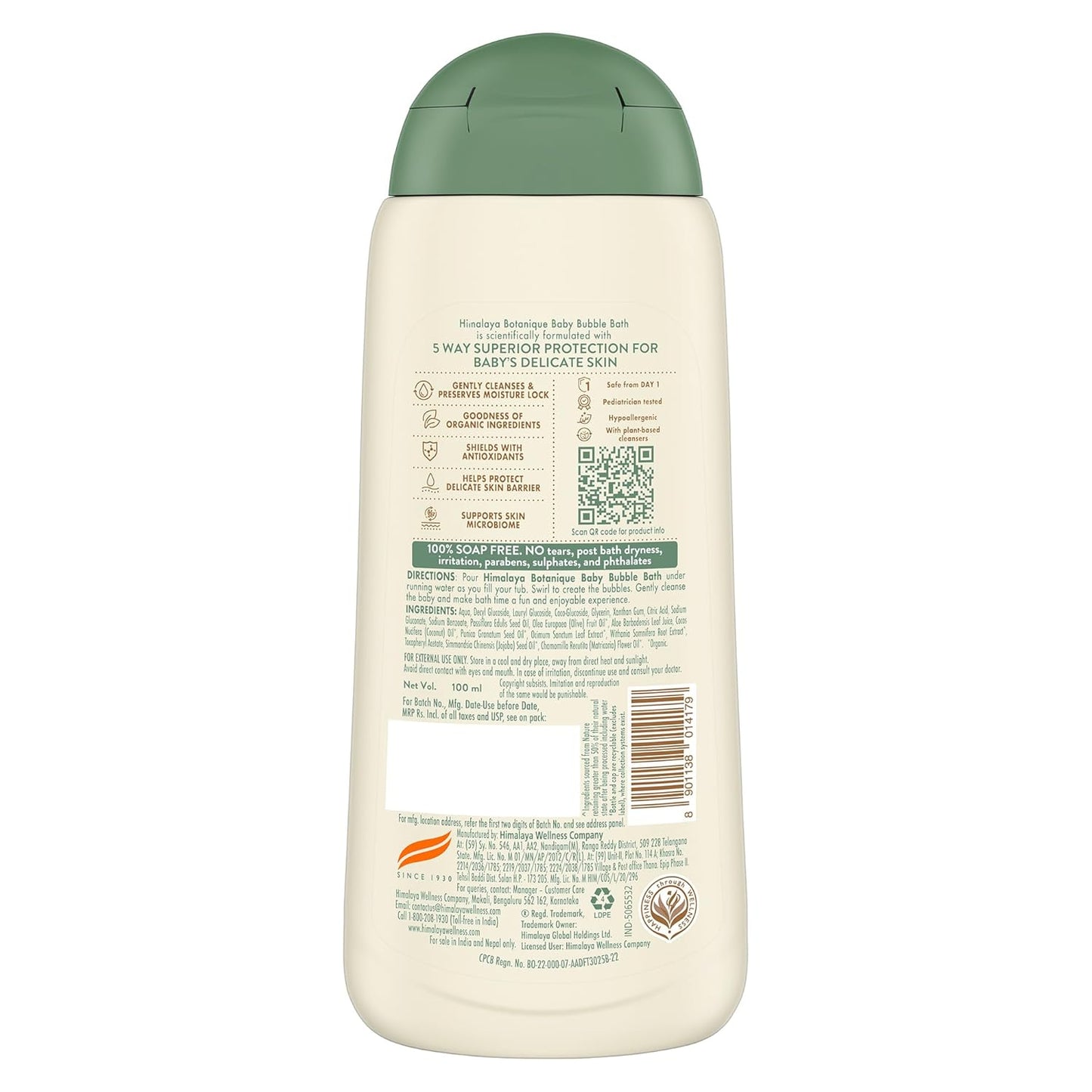 Himalaya Botanique Baby Bubble Bath 100 ml | Organic | Preserve Moisture Lock | No Tears | Dermatologically Tested | Helps Protect Skin Barrier | pH 5.5 | Hypoallergenic |No Added Fragrance
