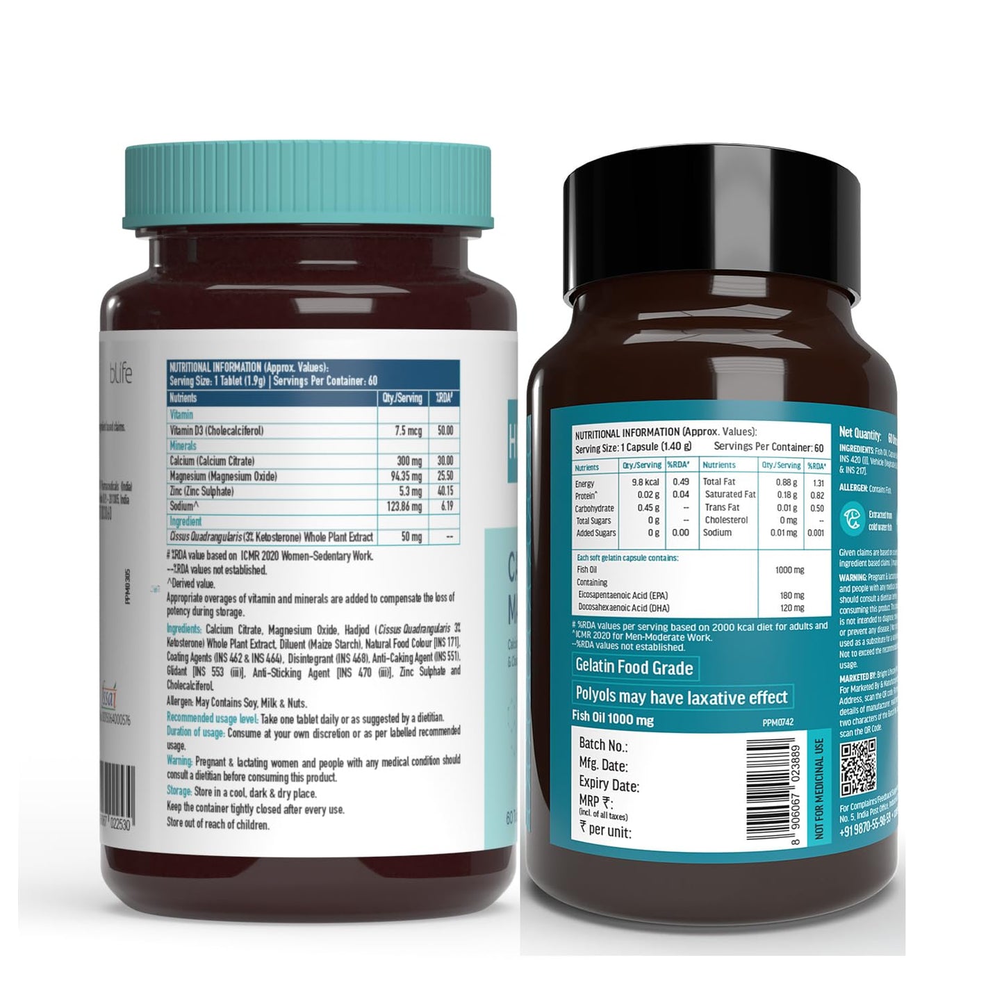 HealthKart hk vitals Calcium, Magnesium and Zinc Tablets with Vitamin D3 & Fish Oil (60 Tablets Each) Combo Pack | 1000mg Omega 3 with 180 mg EPA & 120 mg DHA