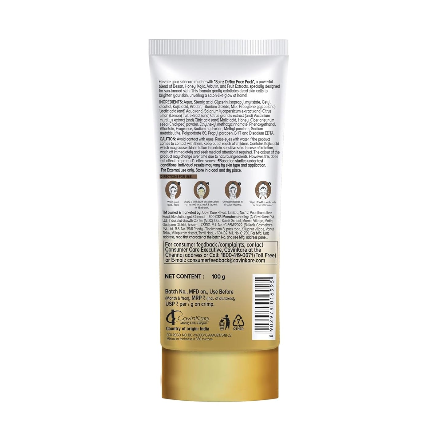 Spinz DeTan Face Pack with Besan, Honey & Kojic Acid | Tan Removal cream for Brightening & Glow | Salon-like Glow in 15 mins | 100gm
