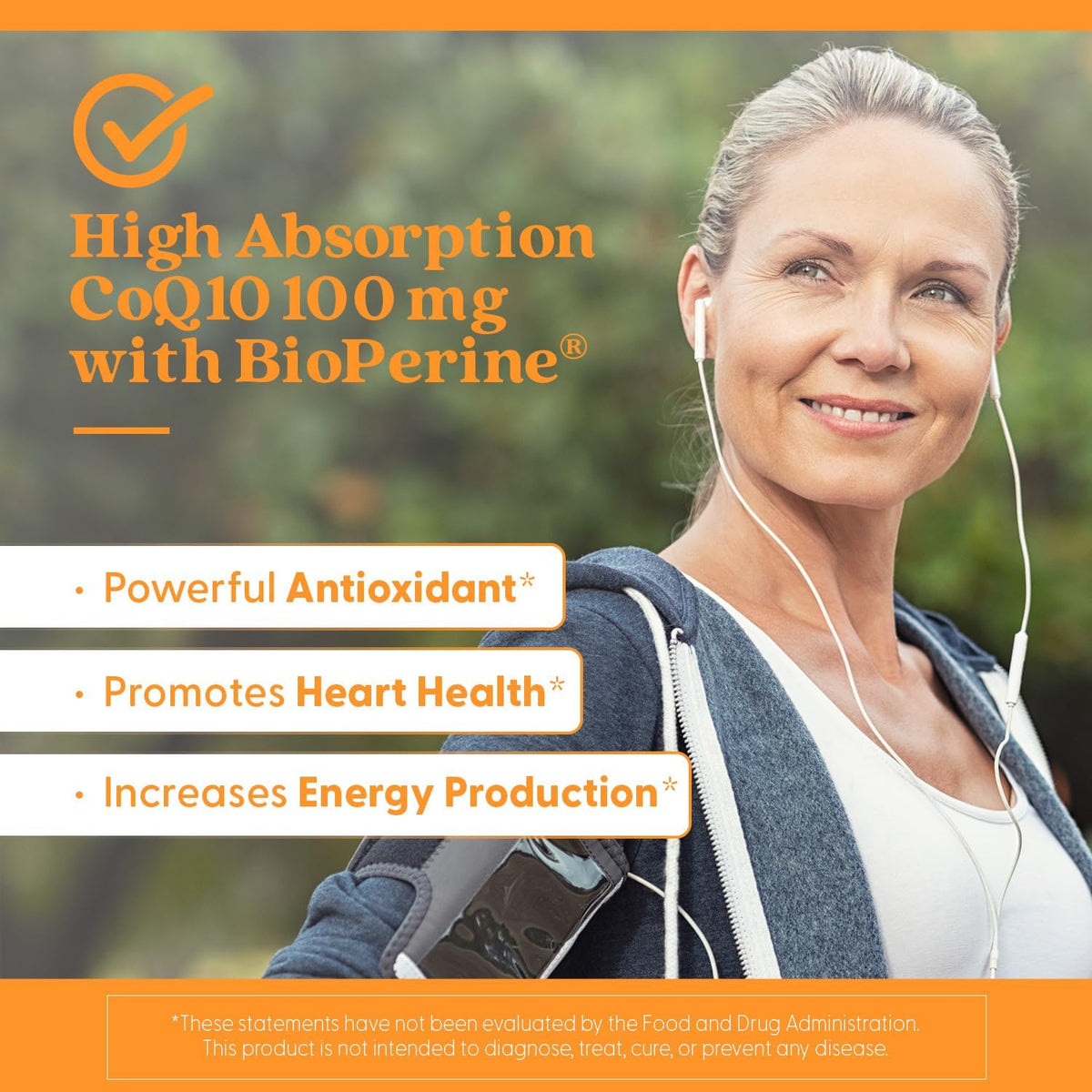 Woman with earphones outdoors, promoting High Absorption CoQ10 300 mg with BioPerine supplement.