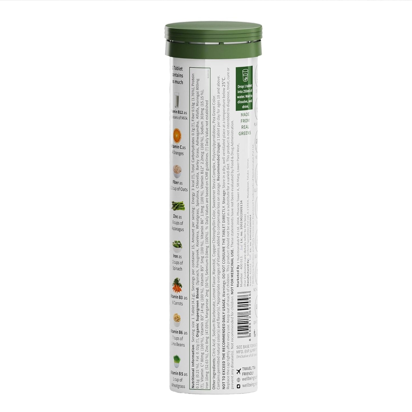 Zephivo Wellbeing Nutrition Daily Greens (15 Effervescent Tablets) | Wholefood Multivitamins with Vitamin C, Zinc, B6 for Immunity & Detox with Organic Certified Plant Superfoods & Antioxidants