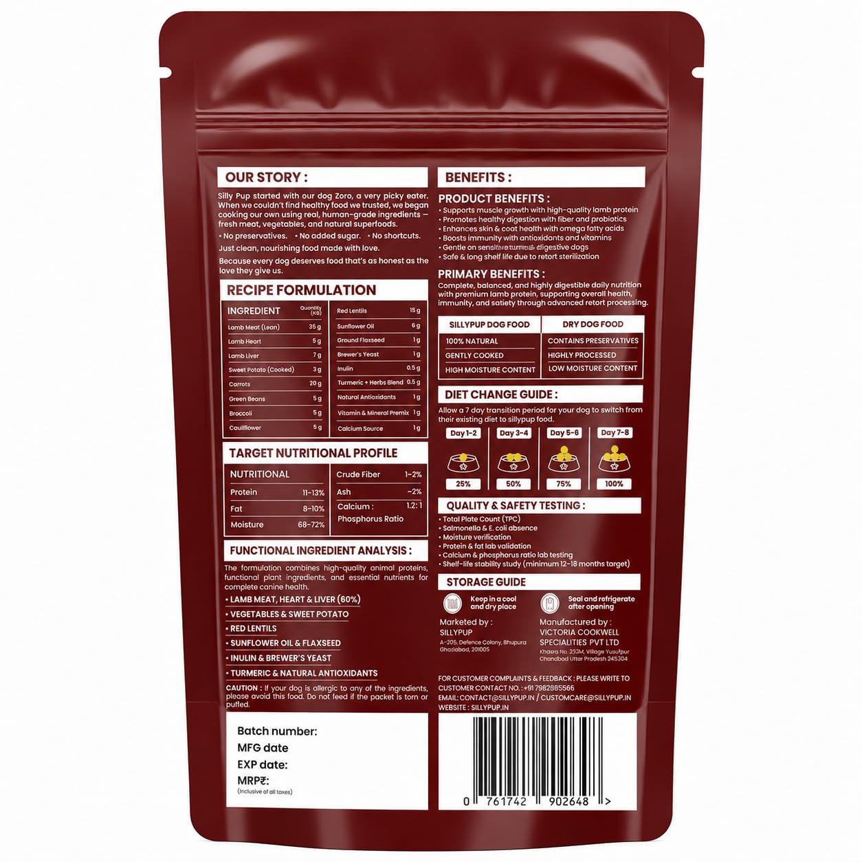 Silly Pup Wham Bam Lamb | Premium Cooked Wet Dog Food | Real Lamb, Red Lentils & Vegetables | Turmeric, Brewer's Yeast & Flaxseed | Lab Tested | No Preservatives | Vet Crafted (1 Pouch - 100g)