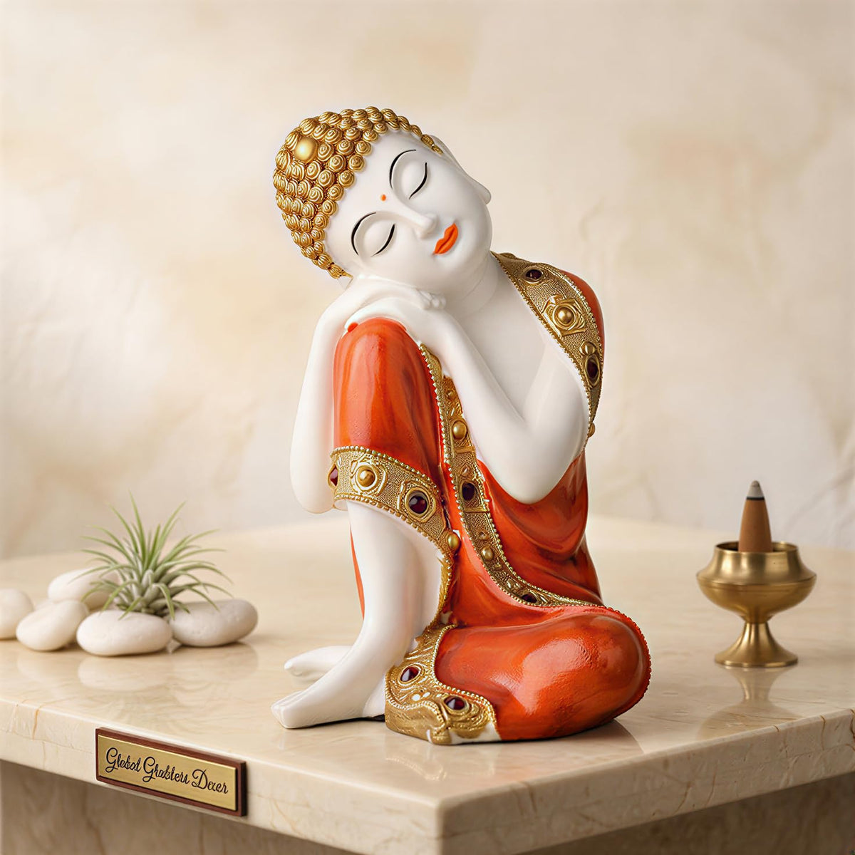Buddha Idol Statue | Show Pieces for Home Decor Living Room (Orange White Glossy)