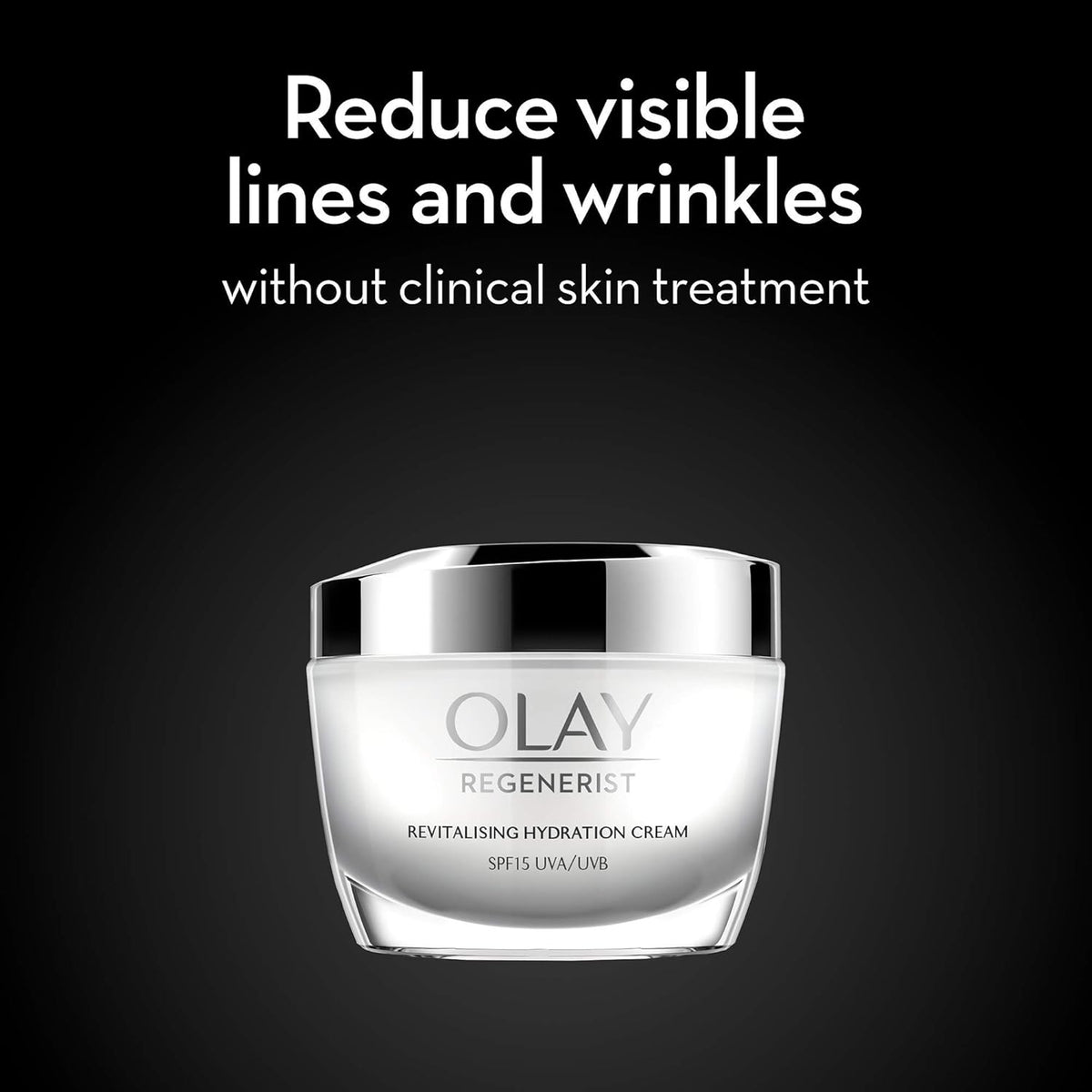 Olay Regenerist cream jar with text on a black background