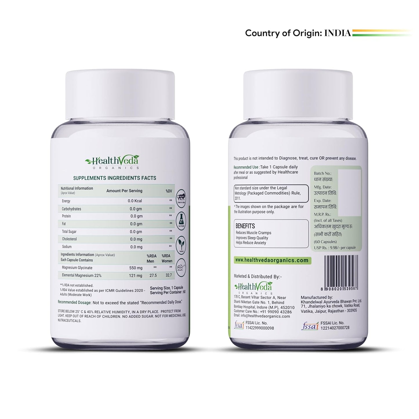 Zephivo HEALTH VEDA ORGANICS PRIVATE LIMITED High Absorption Magnesium Glycinate, 550mg | 60 Veg Capsules | Supports Nerve & Muscle Health | Improves Sleep Quality | For Both Men & Women