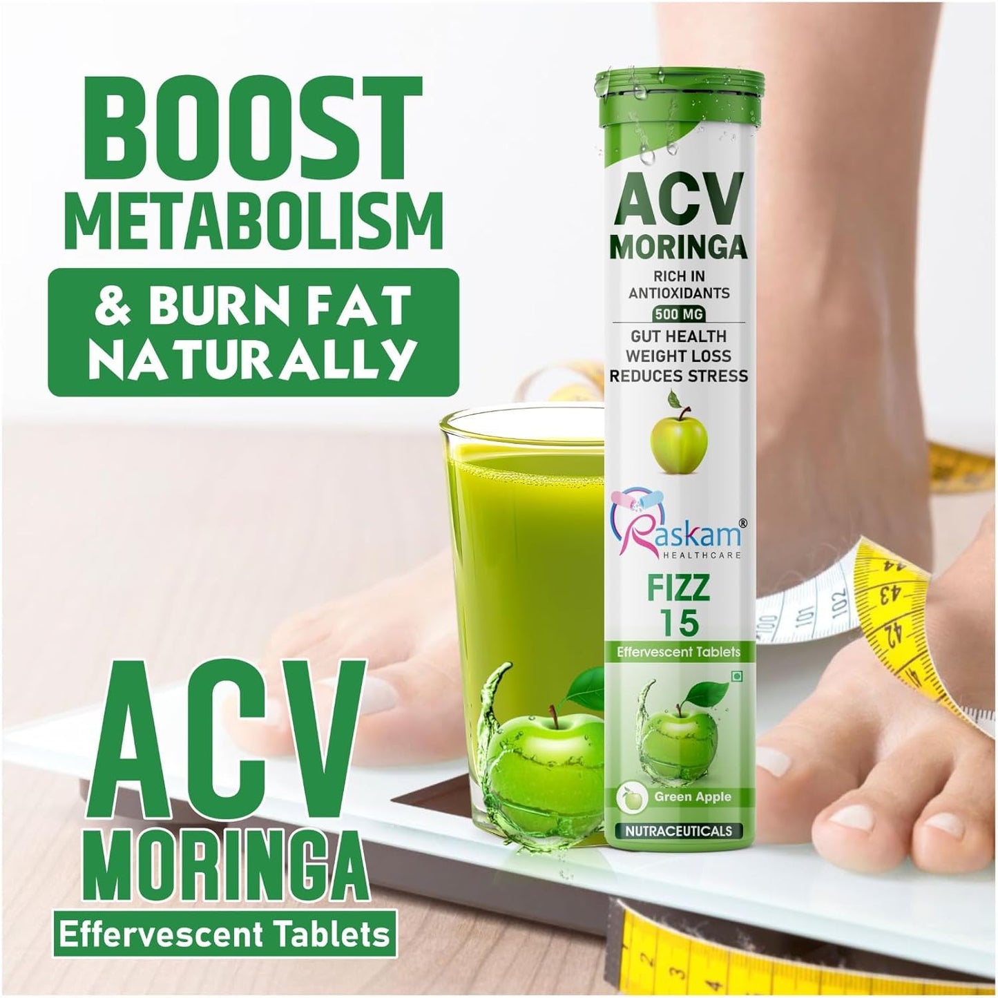 ACV Moringa Effervescent Tablets | Fizz 15 Tablets in Green Apple Flavor, 500mg| Natural Energy & Immunity Booster with Antioxidants to Control Cravings (Pack of 1)