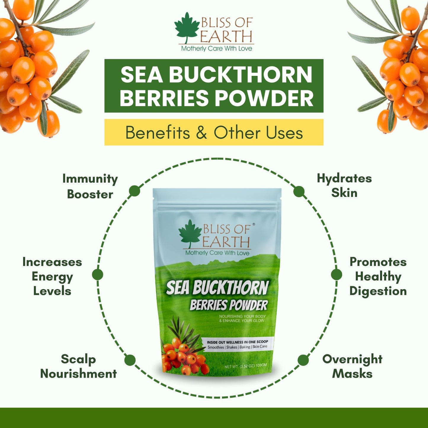 Bliss of Earth Sea Buckthorn Powder โ 100gm Seabuckthorn Berry Powder, Fine Himalayan from Whole Berry, Easy to Mix in Drinks, Smoothies & Meals, No Added Sugar