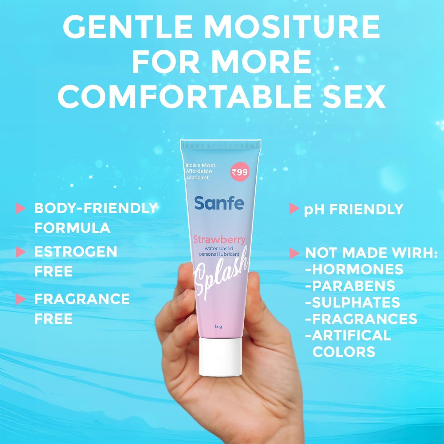 Sanfe Splash Strawberry Lubricant | For intercourse, anal lube, non-Greasy, water based personal lubricant, pH Friendly lube | use with toys, for women & men | Condom Friendly Personal Lube, 15gm