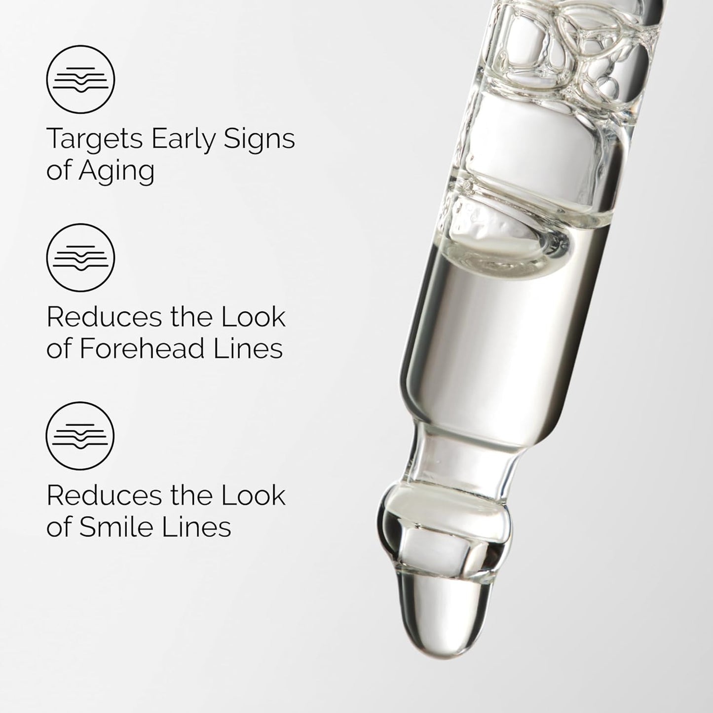 Skincare ampoule with text highlighting its benefits on a light gray background