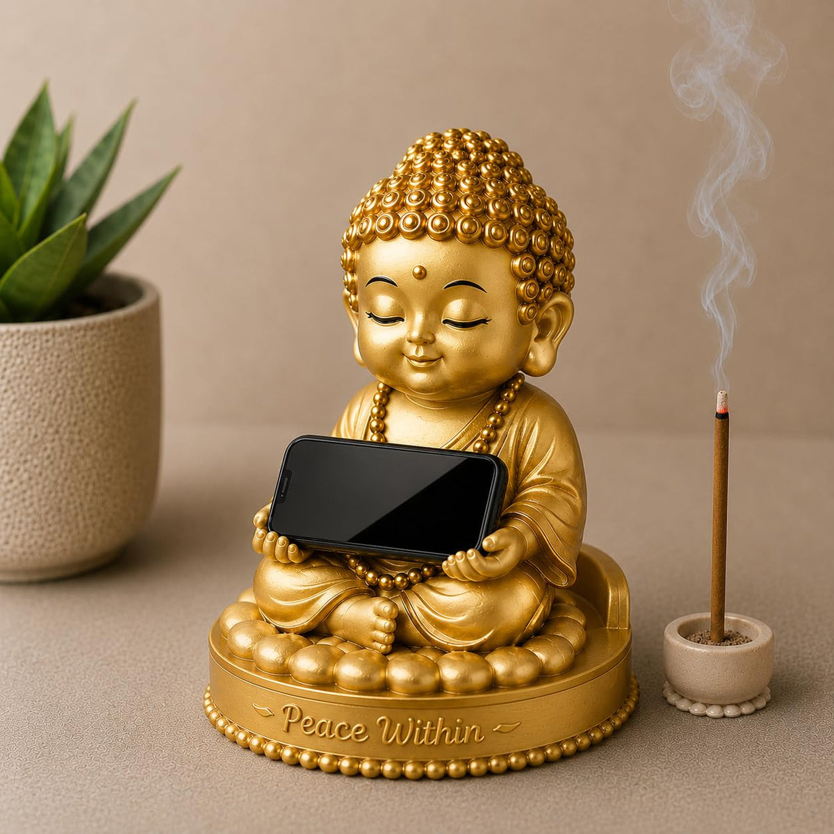 Golden Buddha Idol Statue for Home Decor (5 Inch) | Peace, Meditation & Mindfulness Showpiece | Car Dashboard, Office Desk & Gift Item (Gold)