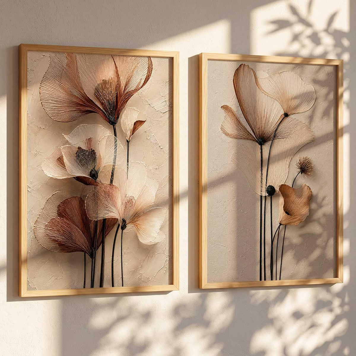 2 Piece Framed Wall Art Set, 3D Textured Floral Botanical Painting, Modern Abstract Flower Wall Decor for Living Room Bedroom Dining Room Office, Ready to Hang, Ideal for Housewarming Gift (design 2, 13X19, Brown)