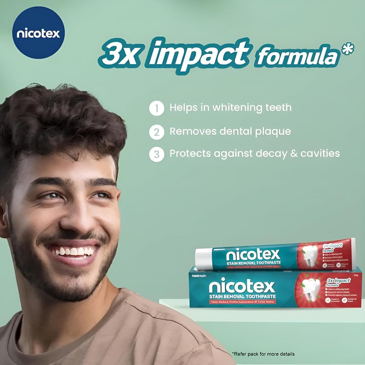 Cipla Nicotex Stain Removal Toothpaste | Teeth Whitening, Plaque Removal, Protection Against Decay And Cavities | Papain, Bromelain, Neem Extract, Meswak Extract | With Fluoride | Sls Free | 100G