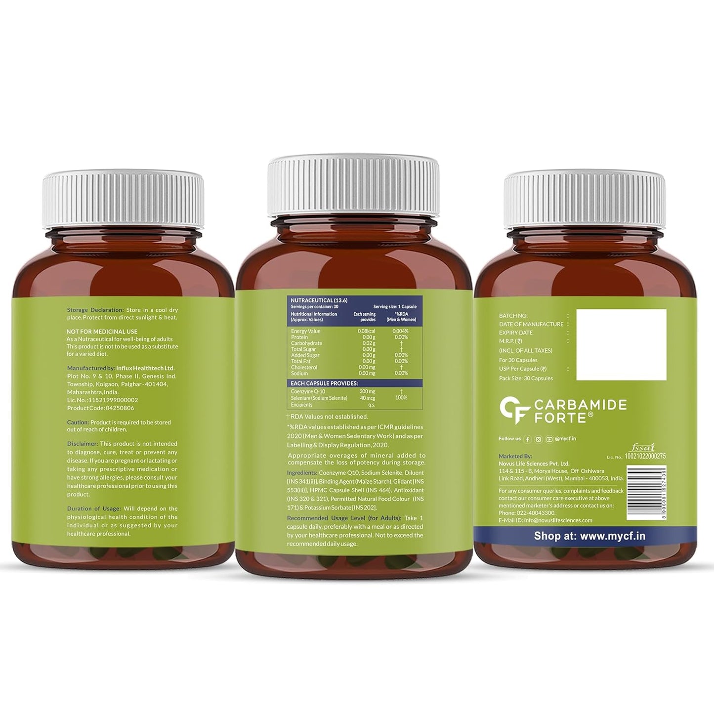 Three bottles of Carbamide Forte with green labels on a white background