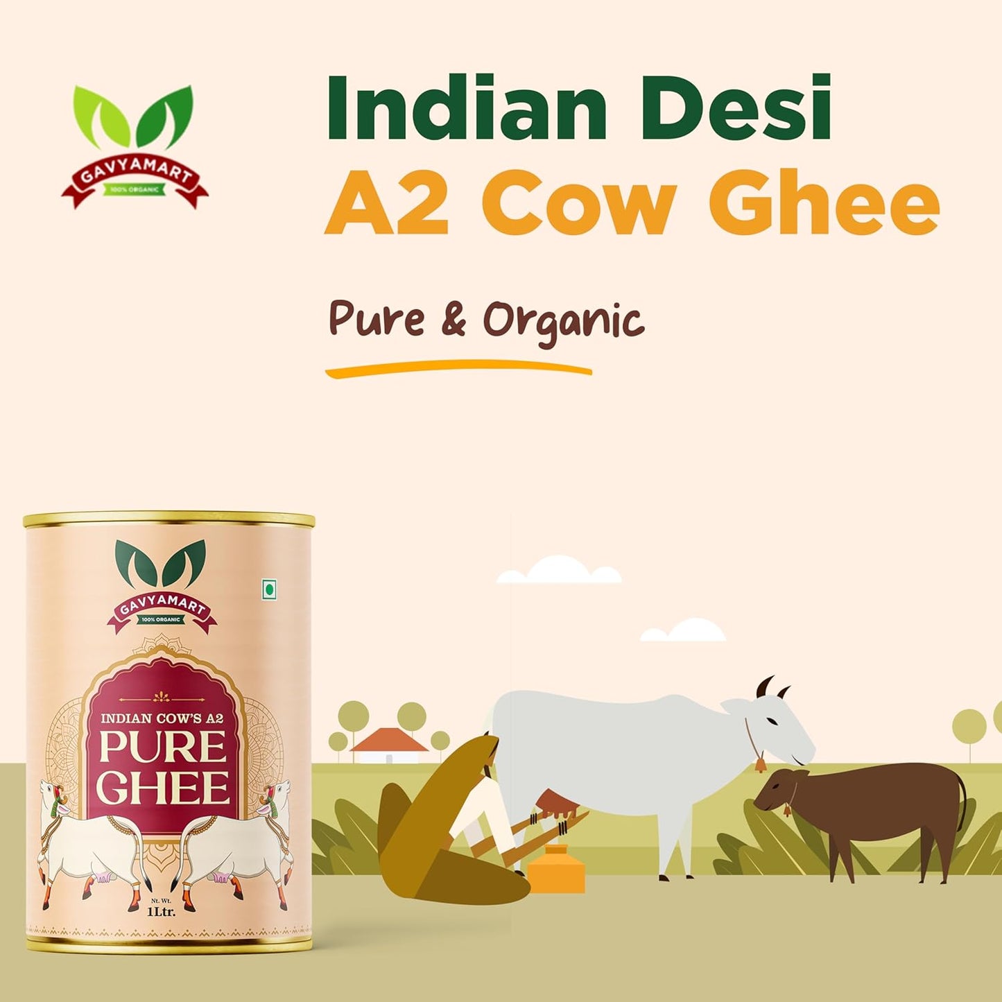 Gavyamart Indian A2 Cow Ghee 100% Pure Non GMO - Made of kankrej Organic Cow Ghee (1L)