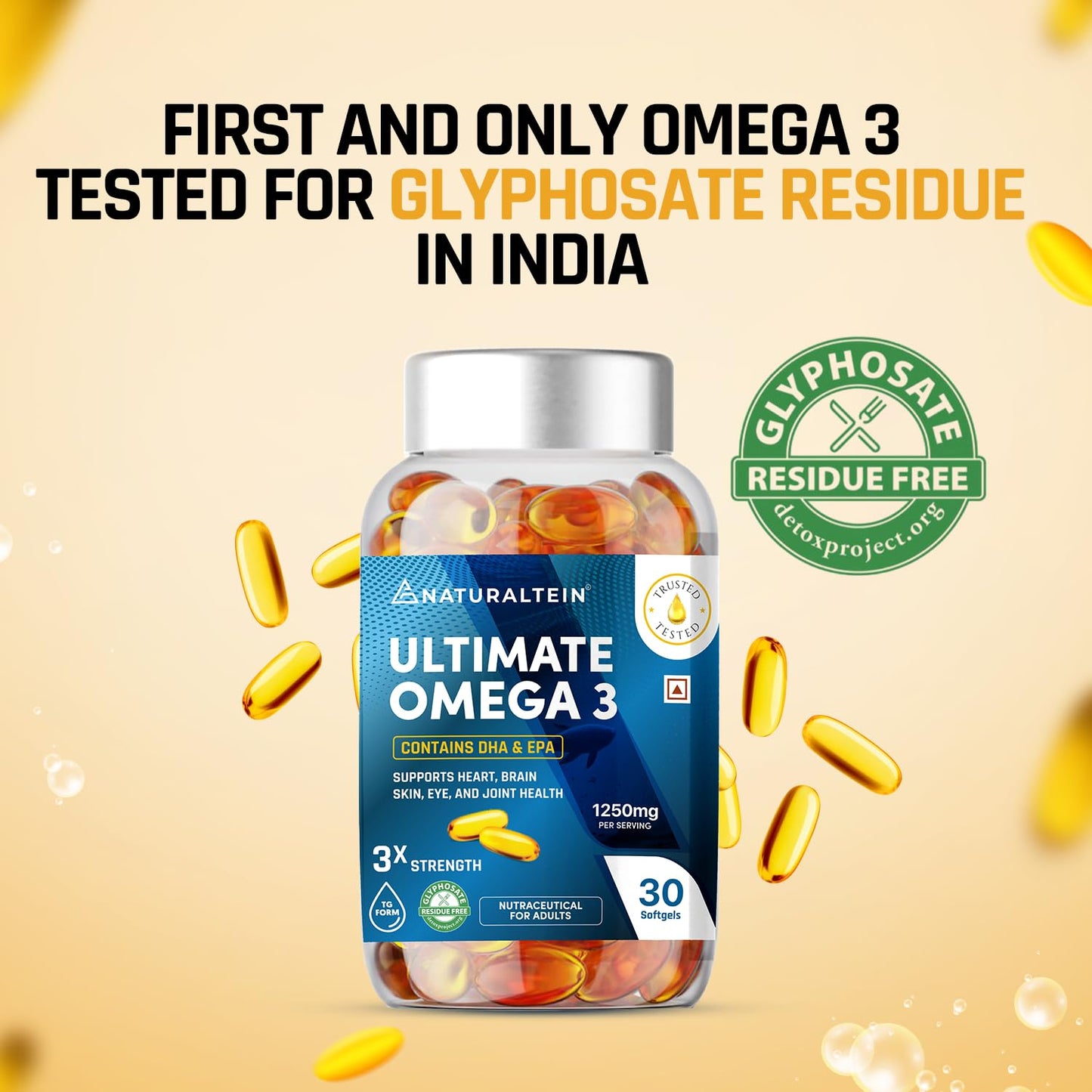 Bottle of Naturaltein Ultimate Omega 3 with supplement capsules on a beige background