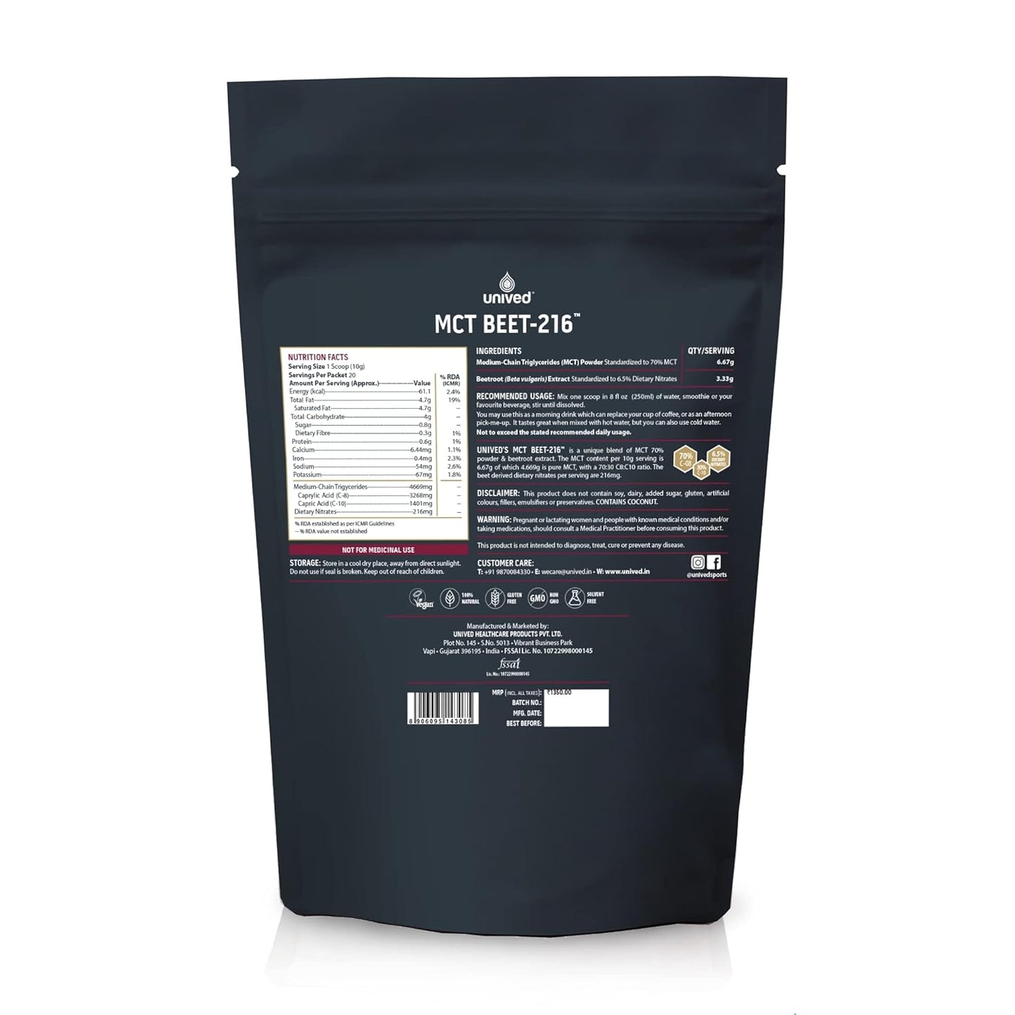 Zephivo Unived MCT Beet-216 | Energy & Endurance Superfood | Pure MCT 4.6g 70/30 C8:C10 & 216mg Dietary Nitrates | Vegan & Keto Friendly | 200g